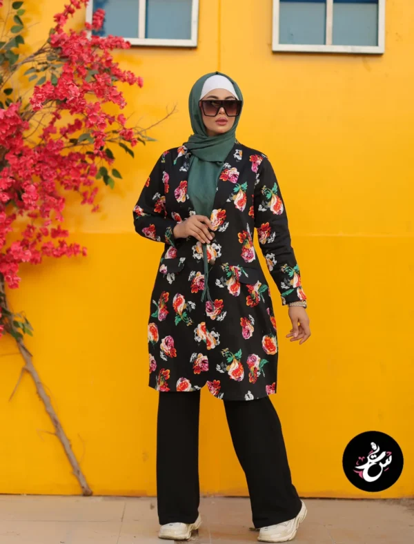 Long Women Blazer - Floral Black