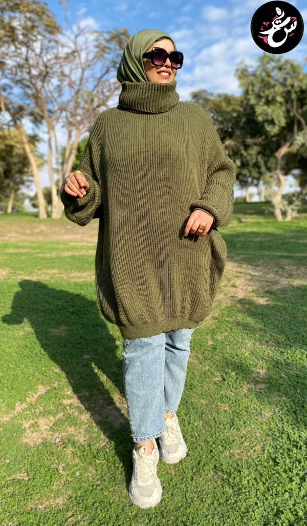 Long Oversize Tricot Pullover - Green - Image 3