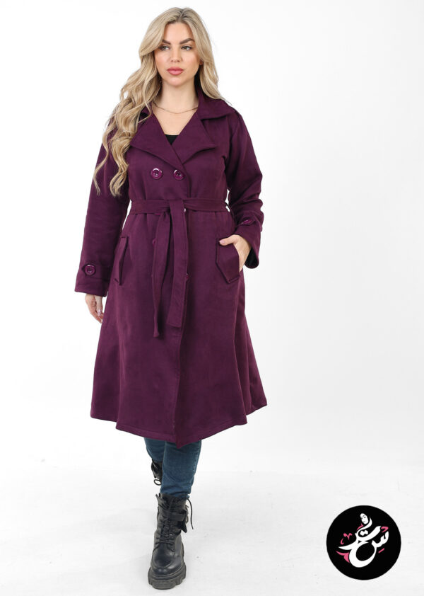 Dark Purple Suede Trench Coat - Padded