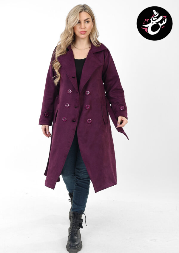 Dark Purple Suede Trench Coat - Padded